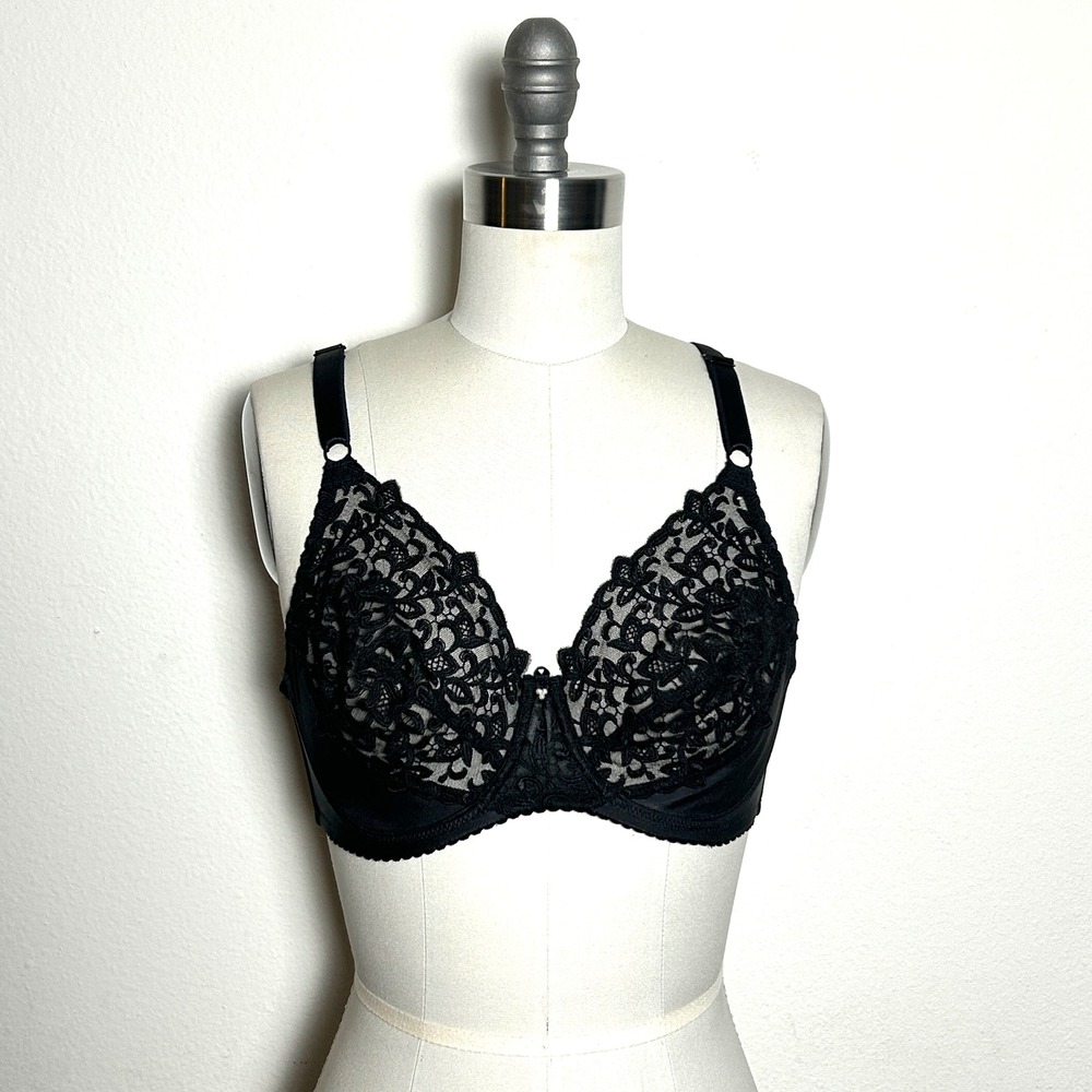 Vintage Wacoal Black Floral Lace Underwire Unlined Mesh Bra Lingerie Women 32 D